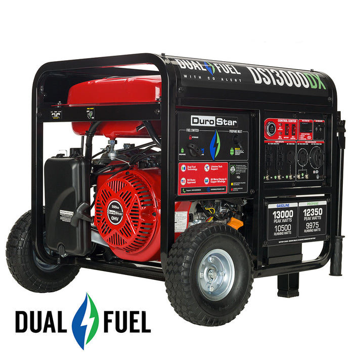 DuroStar DS13000DX 13,000W/10,500W 500cc Electric Start Dual Fuel Portable Generator w/ CO Alert