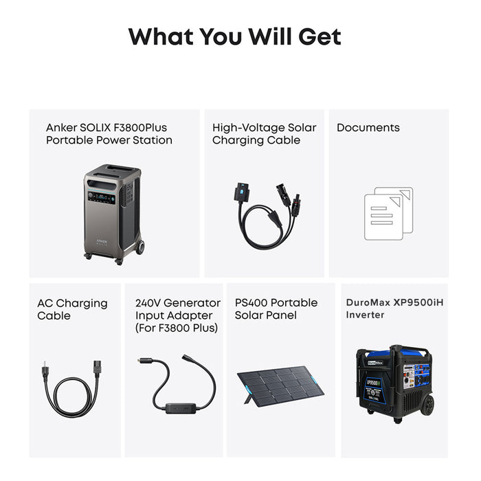 Duromax XP9500iH and Anker SOLIX F3800Plus+PS400+240V Generator Adapter with Transfer Swtich Bundle