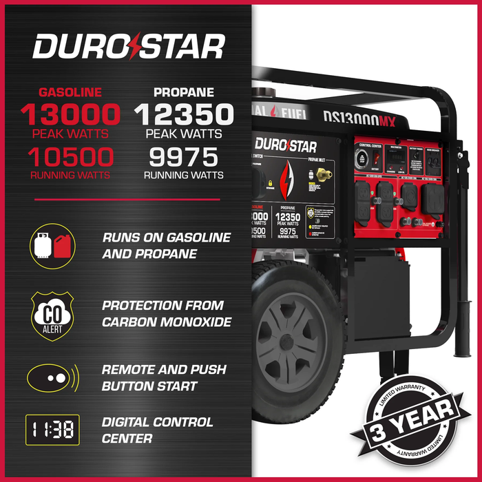 DuroStar DS13000MX 13,000 Watt Dual Fuel Portable Generator w/ CO Alert - Recon