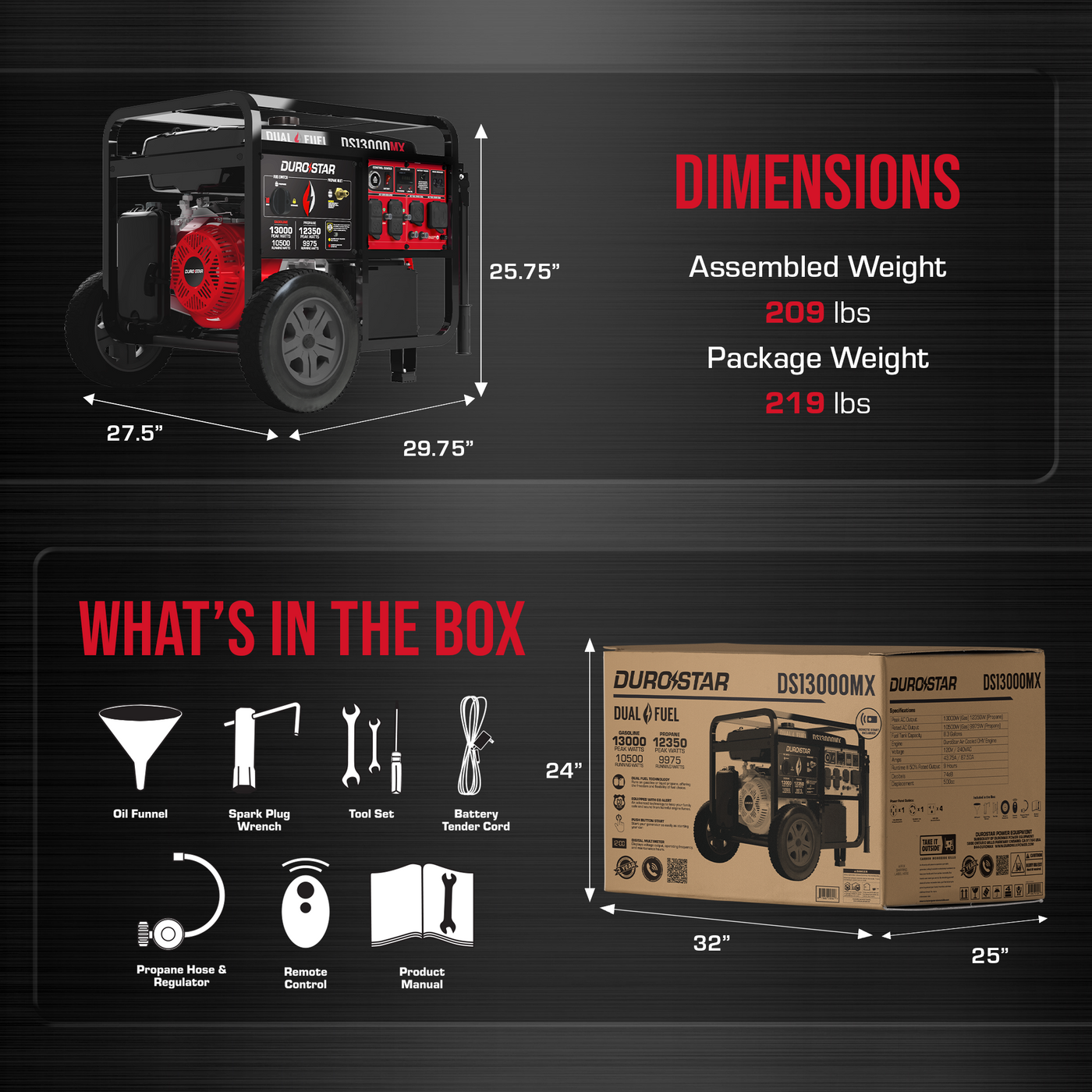 DuroStar DS13000MX 13,000W/10,500W 500cc Electric Start Dual Fuel Port ...