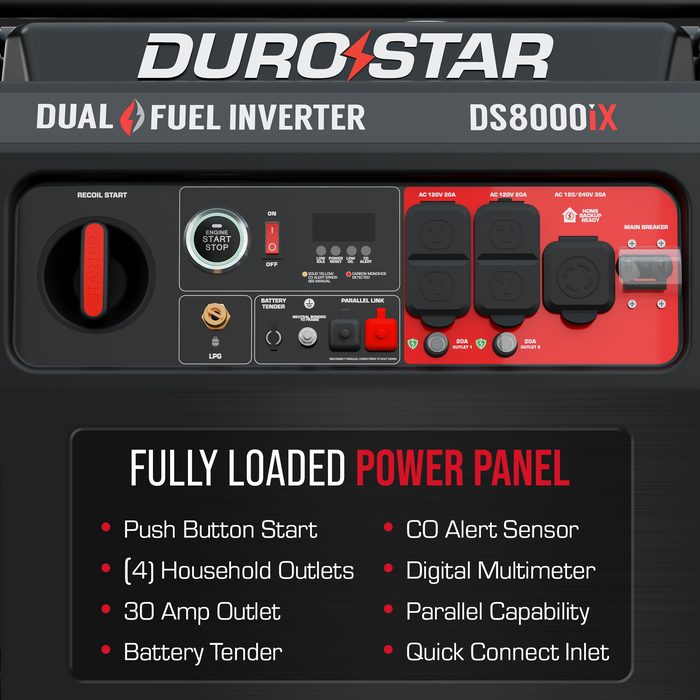 DuroStar 8,000 Watt Dual Fuel Open Frame Digital Inverter Generator