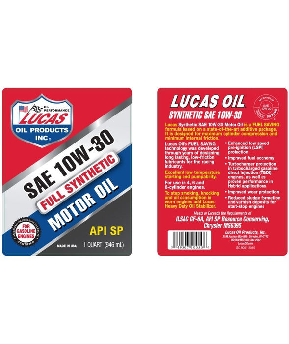 Lucas Oil 10050 Synthetic Motor Oil 1 Qt - SAE 10W-30 API SN Plus Performance