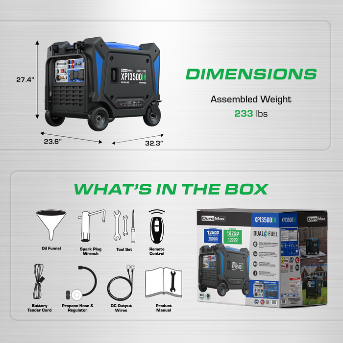 DuroMax XP13500iH 13,500 Watt Portable Dual Fuel Inverter Generator - Quiet, Low THD