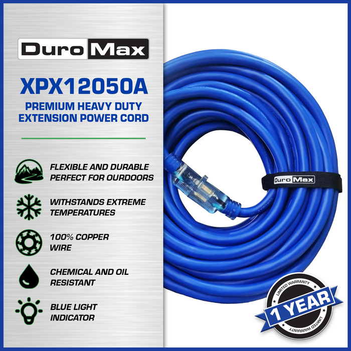 DuroMax XPX12050A Heavy Duty SJEOOW 50-Foot 12 Gauge Blue Single Tap Extension Power Cord