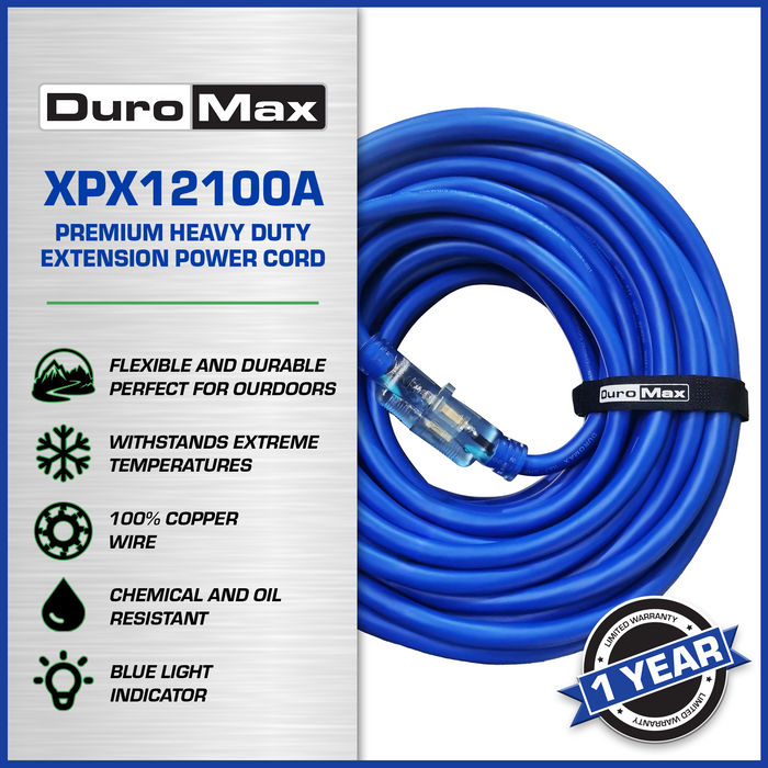 DuroMax XPX12100A Heavy Duty SJEOOW 100-Foot 12 Gauge Blue Single Tap Extension Power Cord