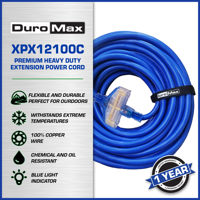 DuroMax XPX12100C Heavy Duty SJEOOW 100-Foot 12 Gauge Blue Triple Tap Extension Power Cord