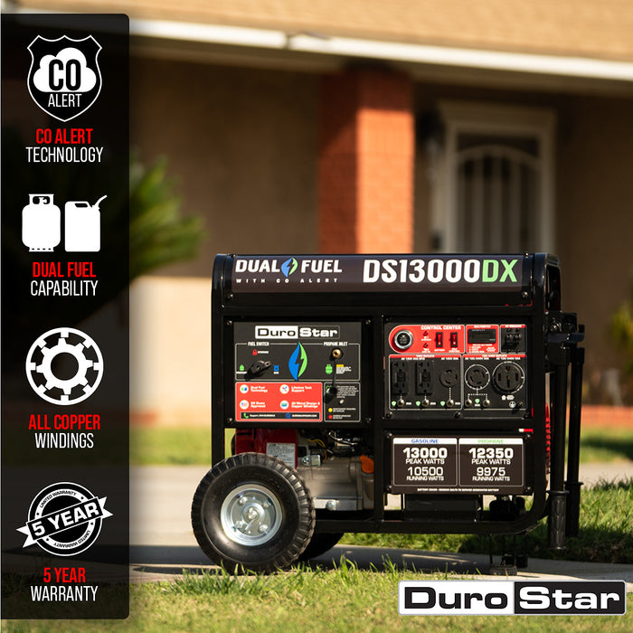 DuroStar DS13000DX 13,000W/10,500W 500cc Electric Start Dual Fuel Portable Generator w/ CO Alert