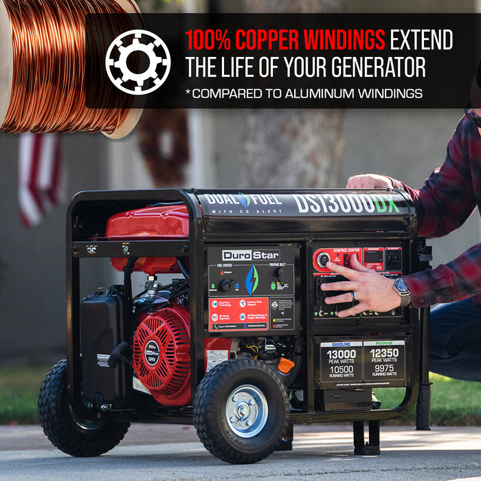 DuroStar DS13000DX 13,000W/10,500W 500cc Electric Start Dual Fuel Portable Generator w/ CO Alert