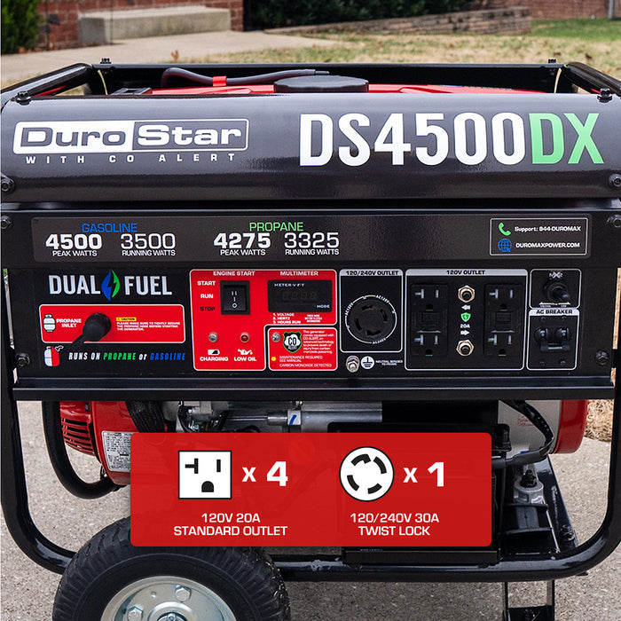 DuroStar DS4500DX 4,500W/3,500W 210cc Electric Start Dual Fuel Portable Generator w/ CO Alert